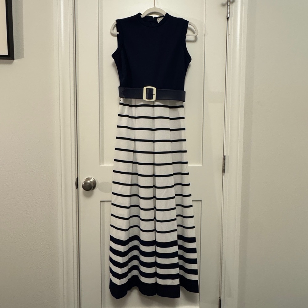Vintage Navy Blue and White Striped Butte Knit Sleeveless Dress 60s 70s